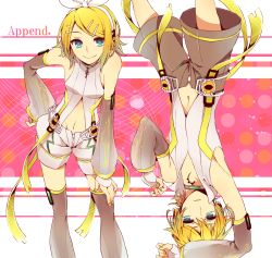 1boy 1girl aqua_eyes arm_warmers blonde_hair brother_and_sister detached_sleeves fingerless_gloves gloves hair_ornament hair_ribbon hairclip highres kagamine_len kagamine_len_(append) kagamine_rin kagamine_rin_(append) navel ribbon shivue short_hair shorts siblings smile twins vocaloid vocaloid_append
