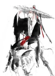 1boy adjusting_clothes adjusting_headwear black_hair black_hanfu chinese_clothes closed_mouth collarbone flute flute_tassel full_body grey_eyes hair_ribbon hand_on_headwear hand_up hanfu hat high_ponytail horse horseback_riding ink_wash_painting instrument kcllzas163 long_hair long_sleeves looking_at_viewer looking_to_the_side male_focus modao_zushi painting_(medium) partially_colored ponytail red_ribbon red_sash ribbon riding robe sash simple_background sitting smile solo spot_color straw_hat tassel third-party_source traditional_media watermark wei_wuxian weibo_watermark white_background wide_sleeves