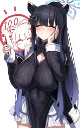 1girl ^_^ animal_ear_fluff animal_ears black_coat black_dress black_hair blondy_(ldlong) blue_archive blue_halo blush breasts china_dress chinese_clothes cleavage_cutout closed_eyes closed_mouth clothing_cutout coat commentary_request cosplay covered_erect_nipples covered_navel cross_hair_ornament dress hair_ornament halo hand_on_own_cheek hand_on_own_face highres holding holding_pencil kokona_(blue_archive) kokona_(blue_archive)_(cosplay) large_breasts long_hair long_sleeves pelvic_curtain pencil ponytail shun_(blue_archive) simple_background skirt solo thighs tiger_ears tiger_girl very_long_hair white_background white_skirt