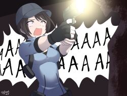 Rule 34 | 1girl, absurdres, baseball cap, black gloves, blue eyes, brown hair, cosplay, fingerless gloves, firing, gloves, gun, hakimen, hat, highres, hololive, jill valentine, jill valentine (cosplay), medium hair, oozora subaru, open mouth, resident evil, scared, shouting, solo, speech bubble, virtual youtuber, weapon, zipper, zipper pull tab, zombie
