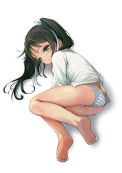 1girl absurdres ass barefoot black_hair commentary_request fetal_position francesca_lucchini green_eyes highres long_hair looking_at_viewer lying on_side panties shirt solo strike_witches striped_clothes striped_panties twintails underwear white_shirt world_witches_series yashin_(yasinz)