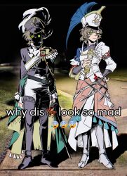 2girls armor armored_boots black_boots black_hat black_jacket boots breastplate brown_hair cape closed_mouth crying_emoji dual_persona emoji english_text eyes_in_shadow green_cape green_eyes hand_on_own_hip hat hat_feather highres holding holding_scroll holding_sword holding_weapon jacket jo_jun long_skirt looking_at_viewer meme military_hat multiple_girls official_alternate_costume outdoors pants photo_background recoleta_(reverse:1999) reverse:1999 sash scroll shaded_face shadow shako_cap short_hair shoulder_armor shoulder_sash side-by-side skirt standing sword thigh_boots weapon white_pants white_sash white_skirt why_dis_ninja_look_so_mad_(meme)
