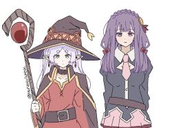 Rule 34 | 2girls, belt, black choker, blunt bangs, bow, braid, breasts, brown cape, brown hat, cape, choker, closed mouth, cosplay, crown braid, dress, earrings, elf, fern (sousou no frieren), flat chest, frieren, green eyes, hair bow, hair ornament, hat, holding, holding staff, jewelry, kono subarashii sekai ni shukufuku wo!, large breasts, long hair, long sleeves, looking at viewer, megumin, megumin (cosplay), multiple girls, necktie, open mouth, parted bangs, pink necktie, pointy ears, purple eyes, purple hair, red bow, red dress, simple background, skirt, sousou no frieren, staff, standing, twitter username, upper body, white background, white hair, witch hat, yunayuispink, yunyun (konosuba), yunyun (konosuba) (cosplay)