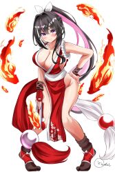 1girl azki_(hololive) black_hair breasts cleavage colored_inner_hair cosplay fatal_fury fire folded_fan folding_fan full_body hand_fan hand_on_own_hip highres hololive inokeiwd large_breasts long_hair multicolored_hair pelvic_curtain pink_hair ponytail purple_eyes shiranui_mai shiranui_mai_(cosplay) signature smile virtual_youtuber white_background