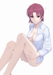 1girl absurdres bazett_fraga_mcremitz breasts cleavage collared_shirt dress_shirt fate/hollow_ataraxia fate_(series) highres knees_up large_breasts legs long_sleeves looking_at_viewer natu_zame parted_bangs red_eyes red_hair shirt short_hair sitting solo white_shirt