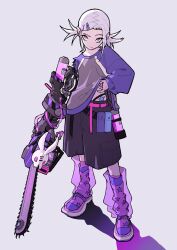 1girl chainsaw gaako_illust looking_at_viewer shirt simple_background tagme tattoo thong weapon