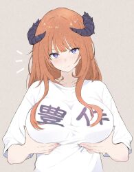 1girl adversarial_noise arknights bagpipe_(arknights) blush breast_lift breasts bright_pupils brown_hair closed_mouth clothes_writing collarbone commentary_request grabbing_own_breast grey_background heka=ton horns large_breasts light_smile long_hair notice_lines purple_eyes purple_horns shirt short_sleeves solo t-shirt upper_body white_pupils white_shirt