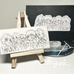 5girls :3 absurdres animification blush cd chibi chinese_commentary crossed_arms easel everyone hair_behind_ear headset heart highres hong_eun-chae huh_yun-jin ink_(medium) jacket k-pop kim_chae-won kimyak le_sserafim long_hair looking_at_viewer miyawaki_sakura multiple_girls nakamura_kazuha pants photo_(medium) photoshop_(medium) real_life tiles traditional_media unconventional_media v
