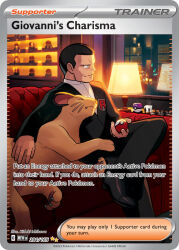 1boy artist_name black_hair black_jacket black_pants black_shoes board_game card_(medium) character_name chess chess_piece claws closed_eyes closed_mouth company_name copyright_name copyright_notice couch cup display_case english_text fangs giovanni_(pokemon) holding holding_poke_ball indoors ishikawa_hideki jacket lamp long_sleeves male_focus master_ball mug nintendo official_art pants persian_(pokemon) plate poke_ball poke_ball_(basic) pokemon pokemon_(creature) pokemon_card pokemon_frlg pokemon_tcg reflection shirt shoes short_hair sitting smile steam team_rocket team_rocket_uniform third-party_source trading_card very_short_hair whiskers white_shirt window