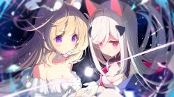 2girls animal_ear_fluff animal_ears black_jacket blurry blurry_background bodysuit breasts brown_hair cleavage closed_mouth commentary_request cube depth_of_field dress floating_hair frilled_dress frills glowing grey_hair hair_between_eyes hair_ornament highres hood hood_down hooded_jacket jacket long_hair medium_breasts multiple_girls off-shoulder_dress off_shoulder original p19 parted_lips purple_eyes red_eyes small_breasts smile very_long_hair white_bodysuit white_dress