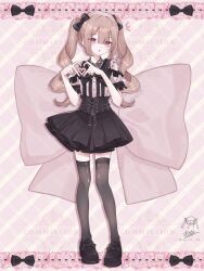 1girl :o absurdres akaririn14 black_bow black_nails black_shoes black_skirt black_thighhighs blunt_bangs bow brooch brown_hair commentary commission english_commentary four-finger_heart_hands frilled_shirt frilled_sleeves frills full_body gem hair_between_eyes hair_bow hair_intakes heart heart_brooch heart_hands high-waist_skirt highres jewelry jirai_kei lace_collar loafers long_hair looking_at_another notice_lines open_mouth original pearl_(gemstone) pink_eyes pink_shirt puffy_short_sleeves puffy_sleeves shirt shoes short_sleeves signature skirt solo standing thighhighs twintails twitter_username watermark zettai_ryouiki