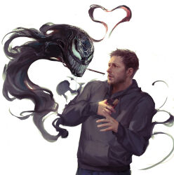 2boys alien arms_up beard black_hoodie blue_pants brown_hair candy chinese_commentary commentary_request drawstring drooling eddie_brock eye_contact facial_hair food food_in_mouth grin highres holding holding_food holding_pocky hood hood_down hoodie incoming_pocky_kiss interspecies kdash looking_at_another male_focus marvel multiple_boys no_pupils pants pocky saliva sharp_teeth short_hair simple_background smile spider-man_(series) symbiote teeth venom_(marvel) white_background white_eyes yaoi