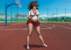 Rule 34 | 1girl, absurdres, blush, breasts, brown hair, cleavage cutout, clothing cutout, danganronpa (series), danganronpa 2: goodbye despair, dark-skinned female, dark skin, embarrassed, female focus, formal clothes, green eyes, highres, large breasts, looking at viewer, midriff, navel, nyalinch, owari akane, panties around leg, school uniform, shoes, skirt, smile, solo, suit, teasing
