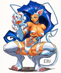 1girl animal_ears animal_hands bare_shoulders blue_hair breasts cat_ears cat_tail dark-skinned_female dark_skin darkstalkers edu_souza felicia_(darkstalkers) green_eyes large_breasts lips long_hair squatting tail very_long_hair white_background white_fur