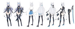 1girl absurdres animal_ear_fluff animal_ears black_gloves black_leotard black_thighhighs blue_eyes blue_skirt boots breasts detached_sleeves earpiece elbow_gloves flat_color from_behind full_body gloves grey_hair hairband high_heel_boots high_heels highres holding holding_kunai holding_weapon kunai large_breasts leotard long_hair multiple_views mytea_(soso) open-toe_boots original sheath sheathed shirt single_elbow_glove skirt smile standing sword tail tail_ornament tail_ring thighhighs weapon white_background white_shirt wide_sleeves