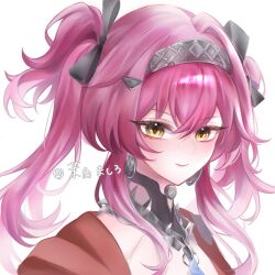 1girl aoi_saki_(muajifox) artist_name black_bow blush bow closed_mouth collar commentary earrings hair_between_eyes hair_bow hairband jewelry long_hair looking_at_viewer lupa_(wuthering_waves) metal_collar metal_hairband pink_hair portrait red_pupils red_sash sash simple_background smile solo white_background wuthering_waves yellow_eyes