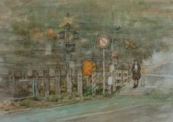 1girl chain-link_fence fence grass original outdoors painting_(medium) railroad_crossing railroad_crossing_ahead_sign railroad_signal scenery shiki4winter sidewalk sign solo traditional_media traffic_light