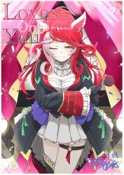 absurdres animal_ears breasts character_name cleavage closed_mouth commentary_request dated gloves hair_between_eyes hair_ornament highres horse_ears horse_girl kitoboshi long_hair looking_at_viewer loves_only_you_(umamusume) one_eye_closed racing_colors red_hair smile umamusume yellow_eyes