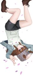 1girl absurdres animal_ears atyattyan beanie black_shorts blue_jacket boots brown_boots brown_hair closed_mouth commentary_request ears_through_headwear falling_petals grey_hat hair_ornament hat highres hood hoodie horse_ears horse_girl horse_tail jacket legs_up long_sleeves looking_at_viewer nakayama_festa_(umamusume) open_mouth petals purple_eyes shorts smile solo tail umamusume white_hoodie