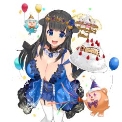 1girl balloon birthday_cake black_garter_straps black_hair blue_dress blue_eyes breasts cake cow cow_girl cow_horns dress food garter_straps holding holding_cake holding_food horns kusaka_souji large_breasts long_hair miru_holstein off-shoulder_dress off_shoulder open_mouth thighhighs uchi_no_hime-sama_ga_ichiban_kawaii white_thighhighs