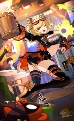 1boy 1girl ;d absurdres ass black_hair black_jacket black_shorts black_skirt black_thighhighs black_tube_top blonde_hair breasts burnice_white cleavage commentary_request cup ethereal_(zenless_zone_zero) eyewear_on_head fingernails hair_ornament high_heels highres holding holding_cup jacket looking_at_viewer one_eye_closed open_mouth red-tinted_eyewear red_eyes red_moccus_(zenless_zone_zero) shinakou@skeb short_hair shorts skirt smile solo_focus stiletto_heels strapless sunglasses thighhighs tinted_eyewear tube_top twintails zenless_zone_zero