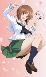 1girl absurdres black_neckerchief black_scarf black_socks blouse breasts brown_eyes brown_hair brown_shoes clenched_hands commentary floating girls_und_panzer green_skirt heart highres knees_up loafers long_sleeves looking_at_viewer midriff_peek miniskirt neckerchief nishizumi_miho ooarai_school_uniform open_mouth petals pink_background pleated_skirt sailor_collar scarf school_uniform serafuku shirt shoes short_hair skirt smile socks solo translation_request white_sailor_collar white_shirt zaofeng