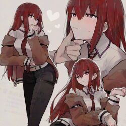 1girl arm_belt belt black_pantyhose black_shorts breasts bright_pupils brown_jacket commentary disembodied_hand dress_shirt hair_between_eyes hand_on_another&#039;s_chin hand_on_own_face heart highres jacket light_smile long_hair makise_kurisu medium_breasts multiple_views necktie outline pantyhose pantyhose_under_shorts purple_eyes red_hair red_necktie shirt shorts sidelocks simple_background small_sweatdrop steins;gate suehiroch0 watermark white_background white_belt white_outline white_shirt