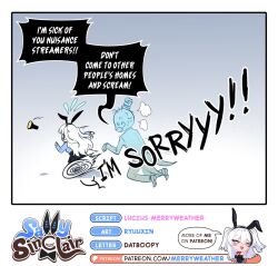 Rule 34 | 1boy, 1girl, anger vein, animal ear hairband, animal ears, black choker, blue shirt, border, character name, chasing, choker, commentary, double-parted bangs, english commentary, english text, fake animal ears, flashlight, fleeing, floating, flying sweatdrops, ghost, gradient background, hairband, long hair, long sleeves, merryweather, open mouth, original, rabbit ear hairband, rabbit ears, running, ryuuxin, sally sinclair, screaming, shirt, speech bubble, two side up, wheel o feet, white border, white hair