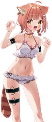 1girl :d ahoge animal_ear_fluff bikini braid breasts claw_pose ear_piercing fang frilled_bikini frills hair_ornament highres k_mugura medium_breasts navel nijisanji open_mouth orange_hair piercing ratna_petit red_nails red_panda_ears red_panda_tail skin_fang smile solo swimsuit thigh_strap v-shaped_eyebrows virtual_youtuber x_hair_ornament