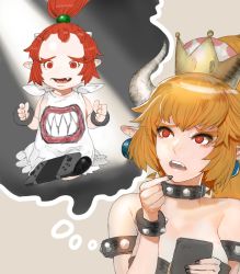2girls bare_shoulders bib black_dress blonde_hair bowsette bowsette_jr. bracelet breasts bright_pupils cellphone cleavage collar dress earrings fangs finger_to_mouth hair_between_eyes horns jewelry kasutank looking_up mario_(series) medium_breasts mother_and_daughter multiple_girls new_super_mario_bros._u_deluxe nintendo nintendo_switch open_mouth phone pointy_ears ponytail red_eyes red_hair simple_background smartphone spiked_bracelet spiked_collar spikes strapless strapless_dress super_crown teeth thinking upper_body worried