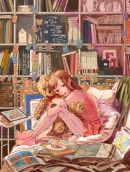 1girl absurdres bare_shoulders barefoot blue_eyes book bookshelf box brown_hair camisole clock cupcake eikoh feet food fork highres holding holding_stuffed_toy hugging_object long_hair looking_at_viewer neck_ribbon open_mouth original pants pencil picture_book picture_frame pillow red_ribbon ribbon sitting smile solo sticky_note stuffed_animal stuffed_toy stylus table tablet_pc teddy_bear torn_clothes torn_pants tray vase