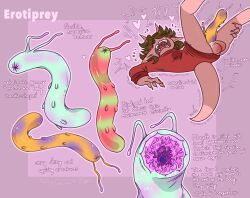 !? 1boy antennae blush bottomless brown_hair commentary english_commentary english_text fellatio fingernails fish forced forced_orgasm heart irrumatio lamprey legs_up long_sleeves lying male_focus on_back oral original pointy_ears red_shirt sharp_fingernails shirt tail testicles worm
