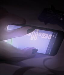 Rule 34 | 1girl, absurdres, bed sheet, black nails, cellphone, fingernails, hand focus, highres, line (naver), long fingernails, mano aaa, nail polish, original, phone, smartphone, solo, text messaging, translation request