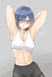 10s 1girl abs armpits arms_behind_head blue_hair breasts female_focus glasses green_eyes large_breasts muscular shigure_kasumi short_hair simple_background solo valkyrie_drive valkyrie_drive_-mermaid-
