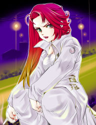 Rule 34 | 1girl, banchou, breasts, cigarette, cleavage, coat, delinquent, female focus, green eyes, highres, kneeling, long coat, long hair, makeup, nail polish, nature, original, outdoors, plant, red hair, sarashi, sky, solo