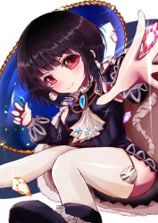 Rule 34 | 1girl, black hair, blue gemstone, cape, detached sleeves, fur cape, gem, jewelry, lapis lazuline, magical girl, mahou shoujo ikusei keikaku, mahou shoujo ikusei keikaku restart, red eyes, red gemstone, rudo (rudorudo0917), short hair, smile, star ornament, tail, thighhighs, third-party source, tiger tail, white thighhighs, yellow gemstone