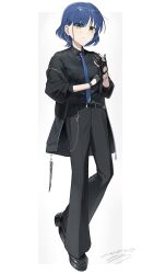 1girl absurdres adjusting_clothes adjusting_gloves belt black_belt black_gloves black_jacket black_pants black_shirt black_shoes blue_hair blue_necktie bocchi_the_rock! border closed_mouth collared_shirt commentary dated eyes_visible_through_hair eyewear_on_head full_body glasses gloves grey_background hair_ornament hairclip highres jacket light_smile long_sleeves looking_at_viewer necktie open_clothes open_jacket outside_border pants partially_fingerless_gloves seisyuntarotto shirt shoes short_hair signature simple_background solo standing white_border yamada_ryo yellow_eyes