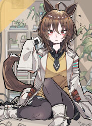 1girl :o absurdres agnes_tachyon_(umamusume) ahoge animal_ears ankle_boots black_necktie black_pantyhose black_shirt book boots brown_hair brown_tail collared_shirt commission earrings food full_body hair_between_eyes highres horse_ears horse_girl horse_tail indoors jewelry kanmoku-san lapels looking_at_viewer medium_hair messy_hair necktie on_floor onigiri pantyhose pixiv_commission plant potted_plant red_eyes shelf shirt shirt_under_sweater short_necktie sidelocks single_earring sitting sleeves_past_fingers sleeves_past_wrists solo sweater_vest tail umamusume very_long_sleeves white_boots wide_sleeves yellow_sweater_vest zipper