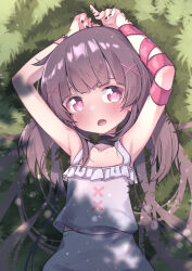 1girl armpits arms_up bare_shoulders black_nail_polish black_nails blush child choker facing_viewer fallenshadow female_focus frown grass grass_field hair_between_eyes hair_ornament highres indie_virtual_youtuber kiirokuma long_hair looking_at_viewer lying neck_ribbon nightgown on_back on_ground open_mouth outdoors pantyhose pink_eyes purple_eyes purple_hair purple_ribbon ribbon shadow shondophrenic_(fallenshadow) sidelocks single_wrist_cuff solo tree_shade twintails very_long_hair virtual_youtuber white_nightgown wrist_cuffs wrist_ribbon x_hair_ornament