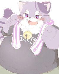 1boy animal_ears bell belly black_shirt bygul_(live_a_hero) cat_boy cat_ears cat_nose cat_tail fangs fat furry furry_male highres jingle_bell kyo_mas06 live_a_hero looking_to_the_side male_focus open_mouth plump purple_eyes purple_fur shirt smile tail towel towel_around_neck translation_request whiskers
