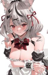 1girl absurdres alternate_costume animal_ears black_hair blush breasts cat_ears cleavage grey_hair hair_ornament highres hololive large_breasts looking_at_viewer maid multicolored_hair nekoshima_kaede red_eyes sakamata_chloe solo streaked_hair virtual_youtuber x_hair_ornament