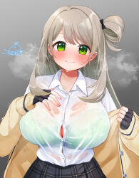 1girl black_gloves black_skirt blue_archive blush bra_visible_through_clothes breasts brown_jacket buttons cleavage collared_shirt festa11307070 fingerless_gloves gloves green_eyes grey_background hand_on_own_chest jacket large_breasts long_sleeves looking_at_viewer nonomi_(blue_archive) open_clothes open_jacket paid_reward_available partially_unbuttoned plaid_clothes plaid_skirt see-through_clothes shirt shirt_tucked_in simple_background skirt solo variant_set wet wet_clothes wet_shirt white_shirt