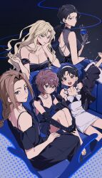 5girls alternate_costume arm_up backless_dress backless_outfit bag bare_legs bare_shoulders barefoot bead_necklace beads black_background black_dress black_gloves black_hair black_jacket blonde_hair blue_eyes bob_cut bow braid braided_ponytail breasts cigarette cleavage closed_mouth commentary cup dress drinking_glass elbow_gloves english_commentary floating_hair formal_clothes gloves green_eyes haibara_ai hairband handbag hands_up head_on_hand head_rest highres holding holding_bag holding_cigarette holding_cup hugging_own_legs jacket jewelry jyuroku_(blacksugar_16) knees_up large_breasts liquid long_hair looking_at_viewer low_ponytail medium_breasts meitantei_conan mizunashi_rena multicolored_eyes multiple_girls naomi_argento necklace off-shoulder_dress off_shoulder open_mouth parted_bangs ponytail side-by-side single_braid sitting sleeveless sleeveless_dress small_breasts smile smoke vermouth_(meitantei_conan) white_bow white_dress yoshida_ayumi