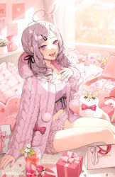 1girl ahoge bangs_pinned_back blush bow_print breasts camisole copyright_notice frills grey_hair hair_ornament hood hoodie indoors kuga_huna large_breasts long_hair looking_at_viewer nijisanji official_art open_mouth pajamas pink_camisole pink_hoodie pink_pajamas pink_tank_top sleepwear smile solo sukoya_kana sukoya_kana_(6th_costume) tank_top virtual_youtuber