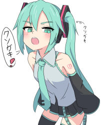 1girl aqua_eyes aqua_hair aqua_necktie arrow_(symbol) bare_shoulders black_skirt black_sleeves black_thighhighs blush collarbone detached_sleeves gokaku180 grey_shirt hair_ornament hatsune_miku headphones leaning_forward long_hair looking_at_viewer necktie open_mouth pleated_skirt shirt shoulder_tattoo simple_background skirt sleeveless sleeveless_shirt solo speech_bubble tattoo teeth thighhighs translated twintails upper_teeth_only v-shaped_eyebrows very_long_hair vocaloid white_background zettai_ryouiki