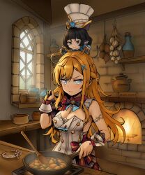 2girls artist_request black_hair blonde_hair character_request cooking copyright_request crossover escoffier_(genshin_impact) frying_pan garlic genshin_impact highres jane_doe_(zenless_zone_zero) mouse_girl mouse_on_head multiple_girls ratatouille spoon standing_on_another&#039;s_head third-party_source wooden_spoon zenless_zone_zero