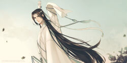 1boy bishounen black_hair chinese_clothes closed_mouth cloud commentary day english_commentary falling_leaves guqin hanfu headband highres holding holding_sword holding_weapon instrument_case lan_wangji leaf long_hair long_sleeves looking_at_viewer male_focus minataka94 modao_zushi outdoors robe shoulder_belt sky smile solo sword tassel topknot tree upper_body very_long_hair watermark weapon white_hanfu white_headband wide_sleeves xiao_guan_(headdress) yellow_eyes