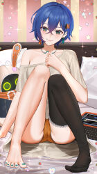 Rule 34 | 1girl, absurdres, anoreika tomoe, bangboo (zenless zone zero), belle (zenless zone zero), black thighhighs, blue hair, collarbone, commentary, crossed bangs, eous (zenless zone zero), green eyes, green nails, grey shirt, hair between eyes, hair ornament, highres, indoors, jewelry, knees to chest, letter hair ornament, looking at viewer, nail polish, necklace, orange panties, panties, shirt, short hair, single bare foot, single off shoulder, single thighhigh, sitting, smile, t-shirt, thighhighs, toenail polish, toenails, underwear, zenless zone zero