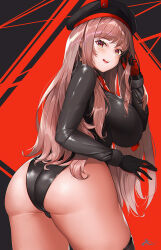 1girl ass beret black_gloves black_hat black_leotard black_thighhighs blush breasts brown_hair cowboy_shot from_behind gloves goddess_of_victory:_nikke hat large_breasts leotard long_hair looking_at_viewer looking_back necktie open_mouth orange_eyes rapi_(nikke) red_gloves red_necktie skin_tight solo teeth thighhighs thighs two-tone_gloves upper_teeth_only wookyung