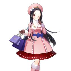 1girl ;) bag beret black_gloves black_hair blush boots bow breasts brown_gloves clarice_lapis closed_mouth coat dress frills full_body fur-trimmed_boots fur_trim gift gloves hair_bow hair_ornament handbag hat hat_bow heart holding holding_bag jewelry knee_boots long_hair long_sleeves looking_at_viewer one_eye_closed parted_bangs pink_bow pink_coat pink_dress pink_gloves pink_ribbon pink_skirt polka_dot red_eyes ribbon salt_(salty) simple_background skirt smile solo standing striped_background uchi_no_hime-sama_ga_ichiban_kawaii very_long_hair white_background winter_clothes